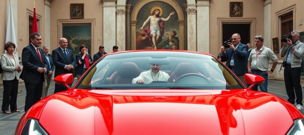 Uzurpator Leon XIV siedzi za kierownicą Ferrari Luce w Castel Gandolfo z Johnem Elkannem i Benedetto Vigną.