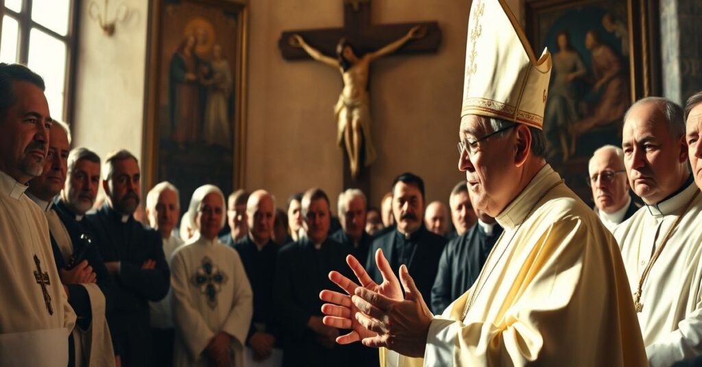 Uzurpator 'Papież' Leon XIV przemawia do dziennikarzy w Castel Gandolfo, otoczony tradycyjnymi kapłanami w sutannach i kalesonach. W tle wisi duży krzyż symbolizujący nieobecnego Króla Chrystusa. Scena jest oświetlona naturalnym światłem podkreślającym powagę momentu.