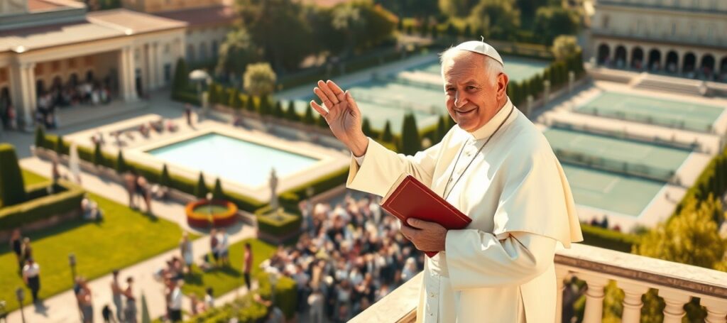 Antypapież Leon XIV na balkonie Pałacu Apostolskiego w Castel Gandolfo wśród turystów i atrakcji rekreacyjnych