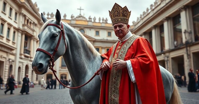 Scena w Watykanie przedstawiająca uzurpatora w szatach papieskich prowadzącego szarego konia arabskiej maści. Uroczysta ceremonia w kontekście katolickim podkreśla fałszywą władzę i duchowy upadek.