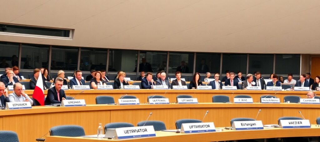 Uzurpator Leon XIV przemawia do Parlamentu Europejskiego w Watykanie na tle Rzymu