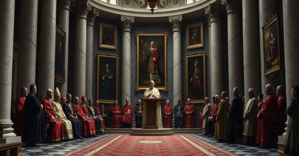 Zdjęcie przedstawiające uzurpatora Leona XIV podczas przemówienia do członków Domu Papieskiego w watykańskiej sali historycznej.