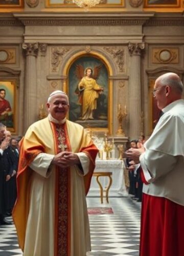 Uzurpator Leon XIV i duchowa pustka nowego katolicyzmu Uzurpator Leon XIV błogosławi delegację Catholic Extension Society w Watykanie - obraz symbolizujący duchową pustkę nowego katolicyzmu bez Eucharystii