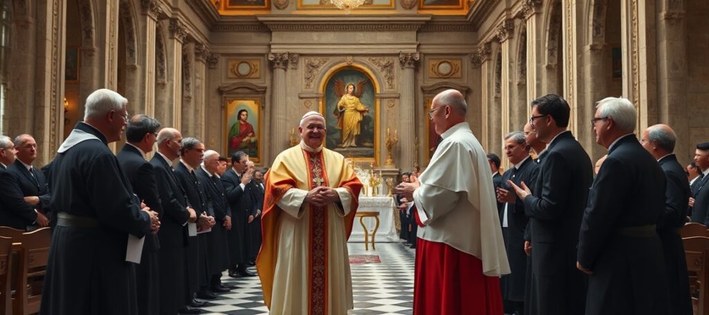 Uzurpator Leon XIV błogosławi delegację Catholic Extension Society w Watykanie - obraz symbolizujący duchową pustkę nowego katolicyzmu bez Eucharystii