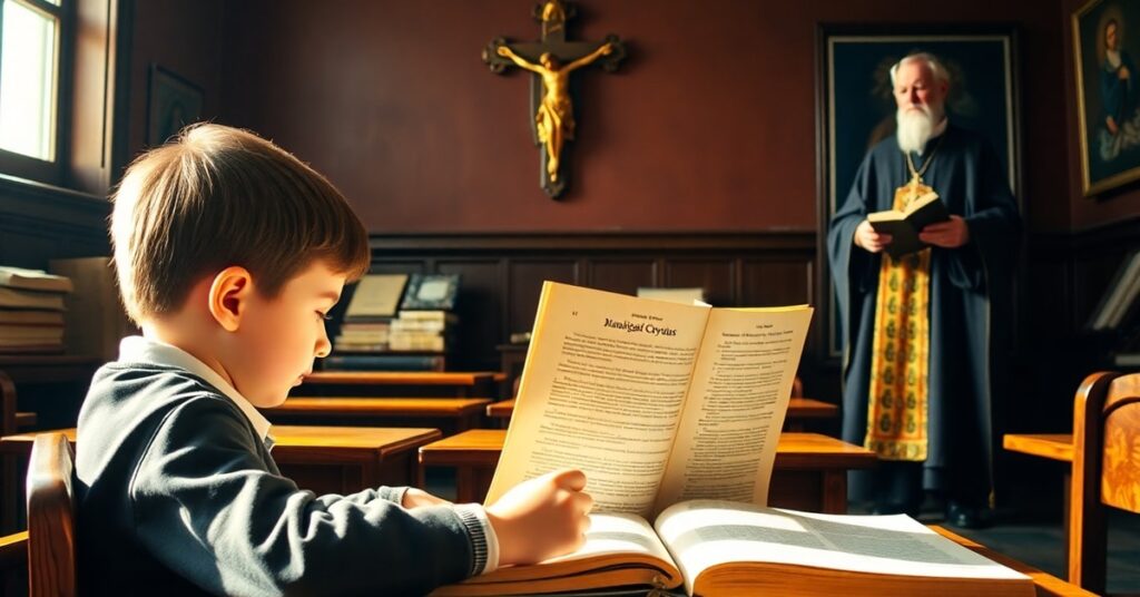 Obraz klasy katolickiej z krzyżem i księgami religijnymi, symbolizujący błędną edukację katolicką w czasach uzurpatora Leona XIV