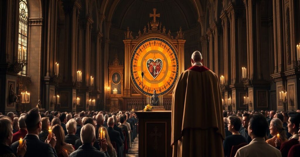 Scena przedstawiająca uzurpatora Leona XIV w czasie przemówienia do ekumenicznej Sieci Modlitwy w tradycyjnym kościele katolickim.