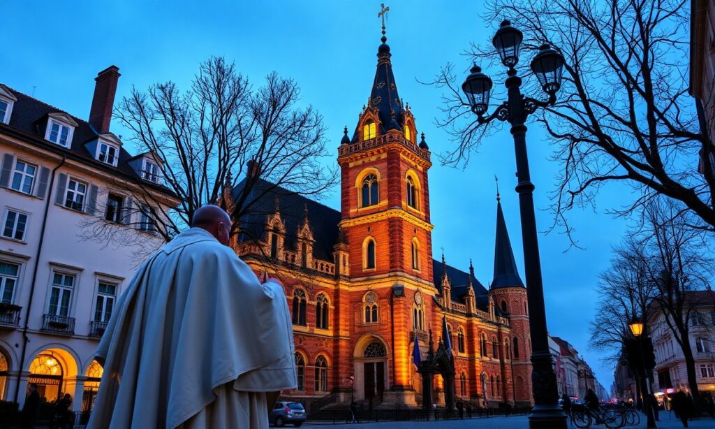 Uzurpator Leon XIV w stroju papieskim na tle katedry z widokiem na europejskie miasto