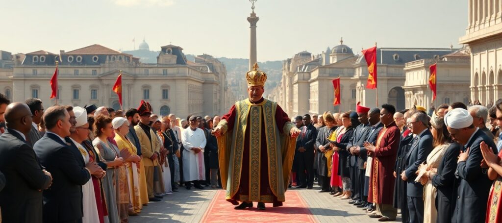 Obraz przedstawiający uzurpatora Leona XIV podczas modlitwy Regina Caeli w otoczeniu przedstawicieli różnych religii i organizacji świeckich.