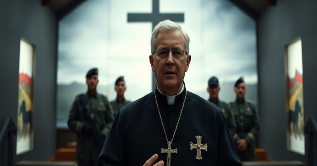 Portret Roberta Prevosta zwanego "Leonem XIV" w nowoczesnym kościele z wojskowymi na tle