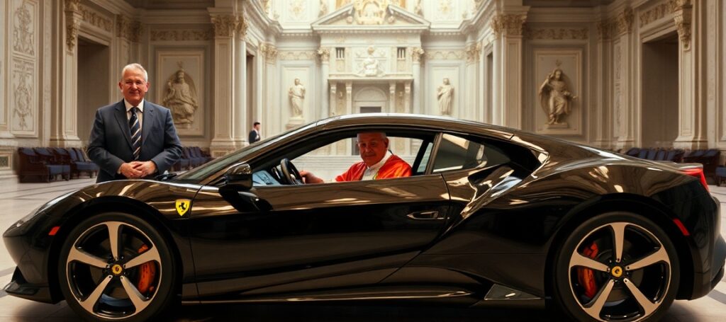 Uzurpator Leon XIV (Robert Prevost) w fotelu Ferrari Luce w Castel Gandolfo