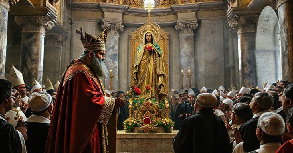 Wizerunek przedstawiający uzurpatora Leona XIV w sanktuarium w Harissie, Libanu, podczas przekazywania złotej róży synkretycznemu wizerunkowi 'Matki Bożej z Libanu', otoczonemu modernistycznym duchowieństwem.