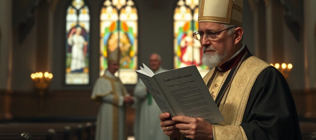 Biskup tradycjonalistyczny w tradycyjnym stroju liturgicznym trzymający encyklikę Piusa IX w kościele z witrażami przedstawiającymi prawdziwy Kościół Katolicki