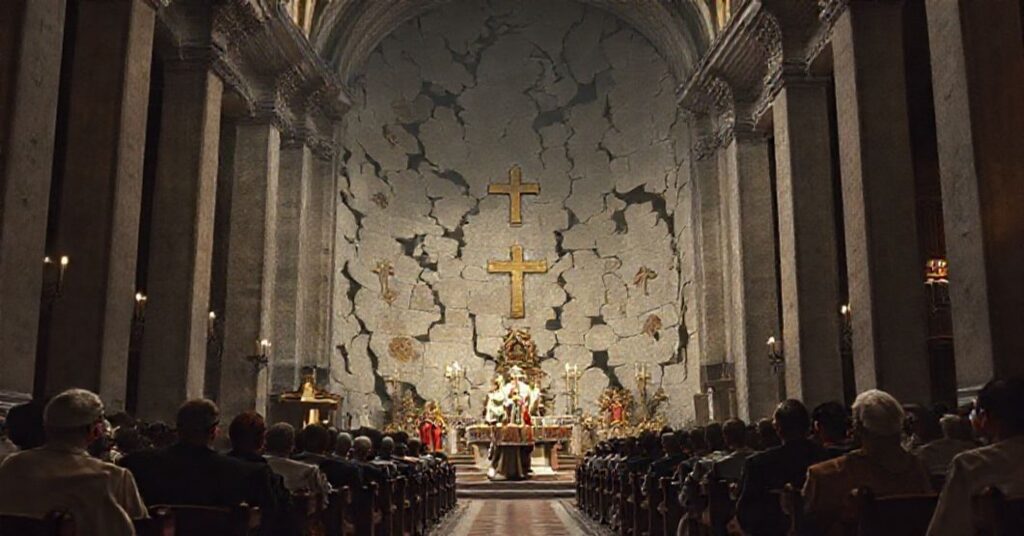 Wnętrze Bazyliki Świętego Jana na Lateranie z modernistyczną homilią uzurpatora Leona XIV, przedstawiające zdewastowaną tradycyjną eklezjologię katolicką.