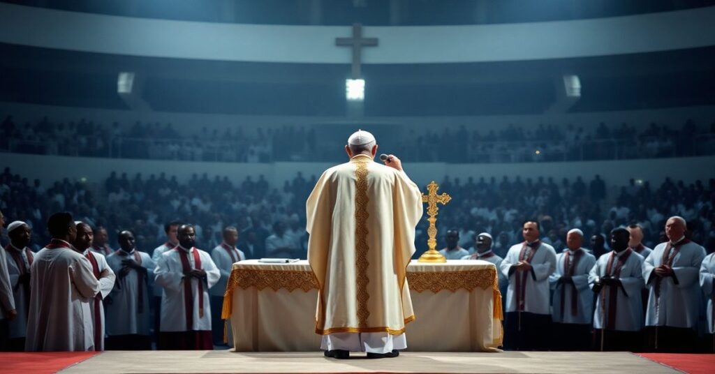 Uzurpator Leon XIV (Robert Prevost) podczas Mszy Świętej na stadionie w Malabo w Gwinei Równikowej
