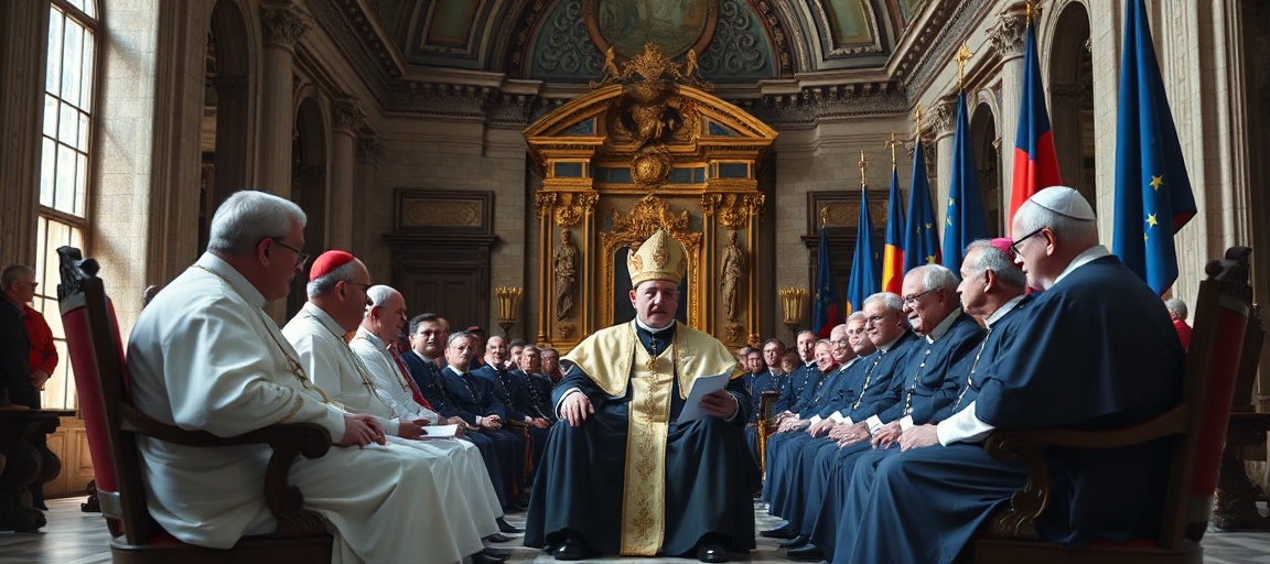 Obraz przedstawiający uzurpatora Leona XIV w towarzystwie biskupów COMECE podczas spotkania w Watykanie. Scena jest poważna i symbolizuje kompromis z świecką władzą.