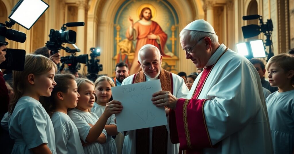 Grupa chorych dzieci w białych chałatach szpitalnych wręcza rysunek pod staruszowatym mężczyzną w rogatkach papieskich otoczonym mediami na Placu Św. Piotra.