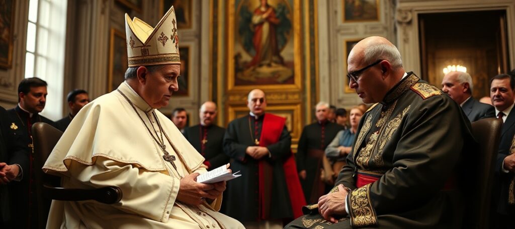 Uzurpator Leon XIV modli się z burmistrzem Johnsonem w Watykanie - obraz symbolizujący kompromis z herezją i synkretyzmem religijnym