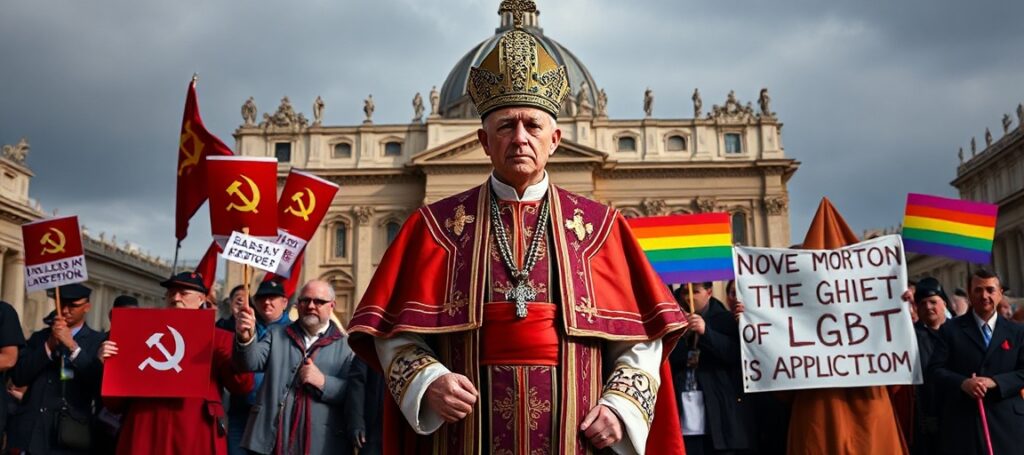 Obraz przedstawia uzurpatora Leona XIV w towarzystwie komunistycznych i proaborcyjnych aktywistów przed Watykanem