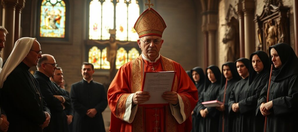 Biskup w tradycyjnych szatach liturgicznych przed grupą zakonnicy w kościele, trzyma dokument 'Rescriptum ex Audientia Sanctissimi'