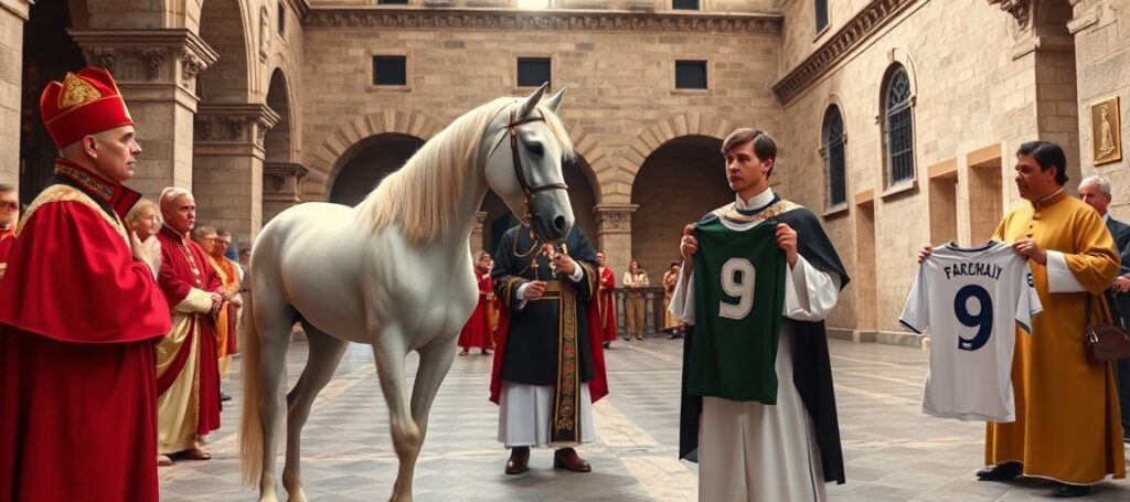 Andrzej Michalski prezentuje białego konia arabskiego Proton uzurpatorowi Leonowi XIV w Borgo Laudato Si' w Castel Gandolfo. Na tle tradycyjnej architektury kościelnej widoczny jest Łukasz Smółka z figurą Gaździny Podhala i Jakub Wachnik z koszulką siatkarską.