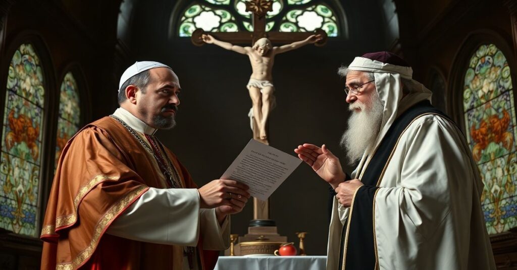 Portret uzurpatora Leona XIV (Roberta Prevosta) w papieskich szatach w kaplicy z rzymskim naczelnym rabinem Riccardo Di Segnim podczas składania życzeń żydowskich podczas Pesach