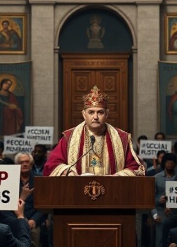 Uzurpator Leon XIV i kult człowieka zamiast Chrystusa Króla Portret uzurpatora Leona XIV przemawiającego na konferencji #STOPDRUGS w Watykanie. Scena ukazuje modernistyczne hasła o godności człowieka i integralnym rozwoju bez odniesienia do Chrystusa Króla.