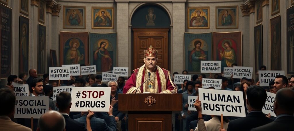Portret uzurpatora Leona XIV przemawiającego na konferencji #STOPDRUGS w Watykanie. Scena ukazuje modernistyczne hasła o godności człowieka i integralnym rozwoju bez odniesienia do Chrystusa Króla.
