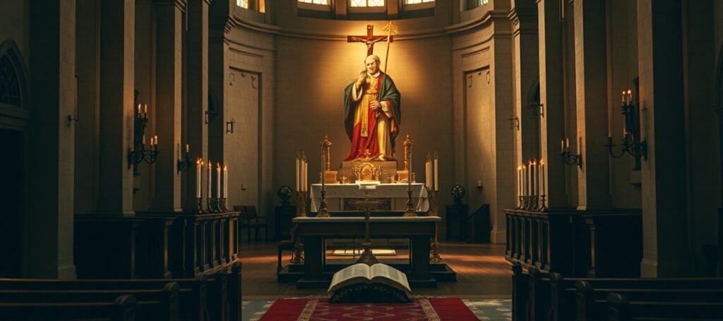 Wnętrze tradycyjnego kościoła katolickiego z ołtarzem trydenckim i krucyfiksem, kontrastujące z nowoczesnym ołtarzem symbolizującym herezję liturgiczną.