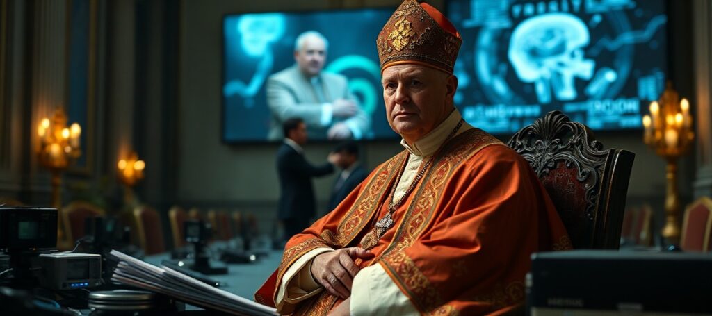 Portret uzurpatora Leona XIV w papieskich insygniach, otoczony technologią i dokumentami encykliki 'Magnifica Humanitas', symbolizujący sprzeczność z katolicką nauką.