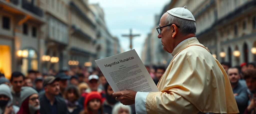 Obraz przedstawiający uzurpatora Leona XIV w papieskich szatach przemawiającego do tłumu z dokumentem o tytule 'Magnifica Humanitas', na tle współczesnego, świeckiego miasta. W tle widoczny jest słabo widoczny Krzyż, symbolizujący ukrywanie Panowania Chrystusa Króla. Tłum wydaje się obojętny lub zdezorientowany przez modernistyczną wiadomość o 'wspólnym człowieczeństwie' zamiast Chrystusa Króla. Oświetlenie jest realistyczne, ale ponure, podkreślające duchowy upadek opisany w artykule.