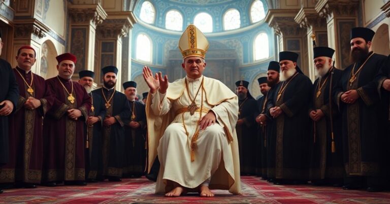 Wizerunek przedstawiający uzurpatora Leona XIV w Meczecie Błękitnym w Stambule podczas ekumenicznej wizyty z patriarchą Bartłomiejem.