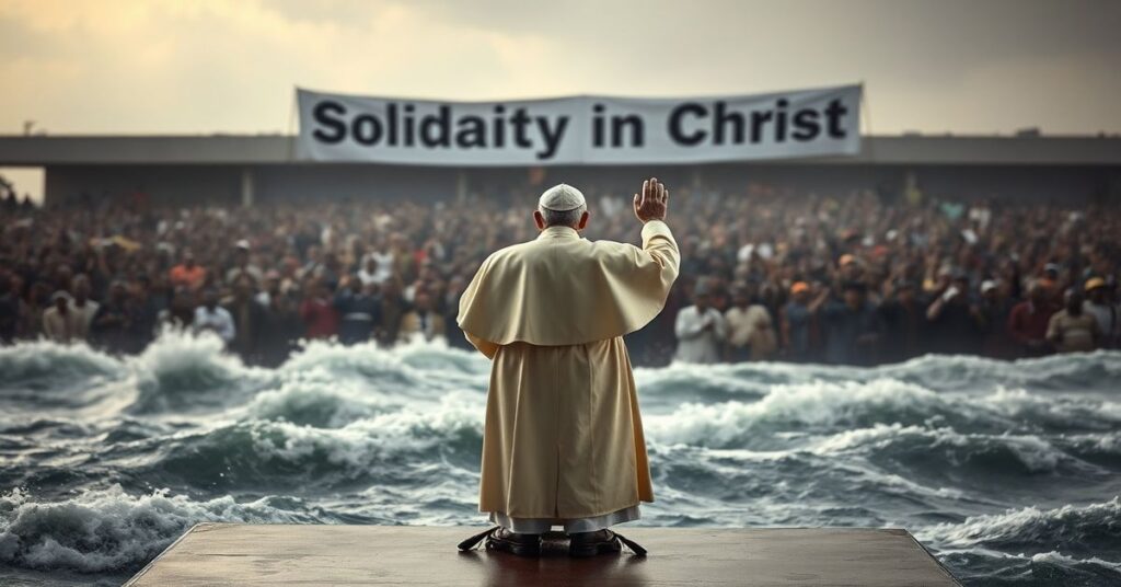 Obraz przedstawiający sztuczną 'Msze' sprawowaną przez uzurpatora Leona XIV na lotnisku w Jaunde w Kamerunie. Scena ukazuje chaos modernistycznej sekty i redukcję cudu Chrystusa do humanistycznego gestu.