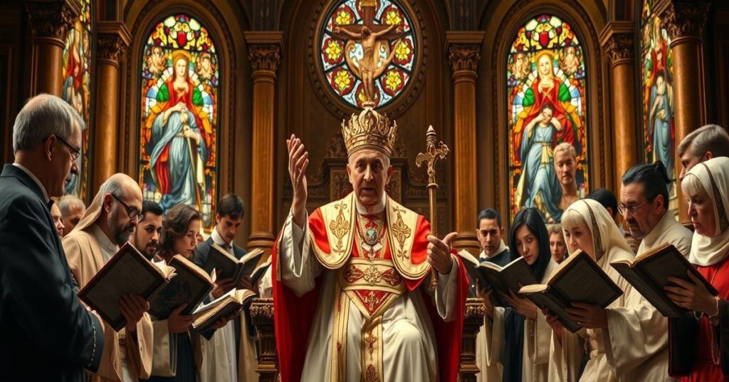 Prawdziwy obraz przedstawiający uzurpatora Leona XIV podczas wykładu o bosko- ludzkim autorstwie Pisma Świętego.