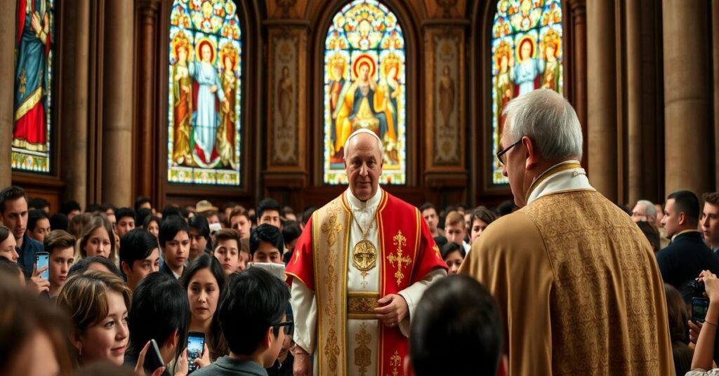 Scena z Monako z grupą młodych ludzi zebranych wokół uzurpatora 'Leona XIV' w szatach papieskich. Tło: katedra z witrażami i technologiami współczesnymi.