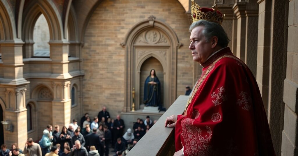 Uzurpator Leon XIV na balkonie opactwa w Montserrat, podczas przemówienia do pielgrzymów. Na tle sanktuarium i czczonej figurki Matki Bożej z Montserrat. Scena ma nastrój smutny i skrytykanowany.