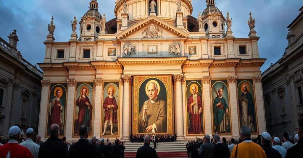 Mocno krytyczne zdjęcie bazyliki św. Pawła za Murami z mozaiką uzurpatora Leona XIV obok wizerunków prawdziwych papieży.