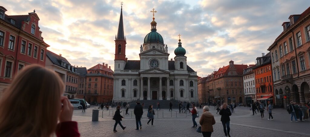 Wielkie cyfrowe ekrany w Rzymie wyświetlające uzurpatora Leona XIV, widziane przez tradycyjnego katolickiego kapłana z różańcem.