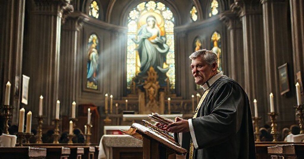 Wnętrze kościoła podczas uroczystości Niepokalanego Poczęcia z przedstawieniem Roberta Prevosta jako "Leona XIV" głoszącego herezje dotyczące łaski Maryi