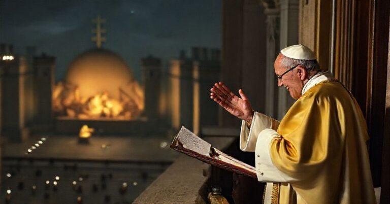 Naturalistyczna karykatura Bożego Narodzenia przez uzurpatora Leona XIV na tle bazyliki św. Piotra