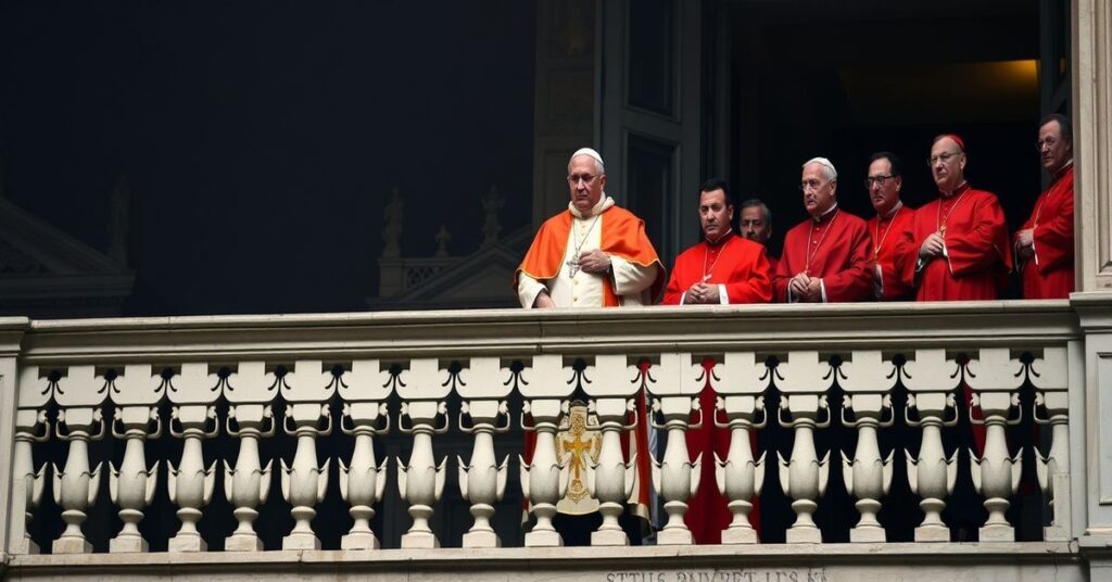 Uzurpator Leon XIV (Robert Prevost) na balkonie apartamentu papieskiego w Watykanie, otoczony modernistycznymi kardynałami.