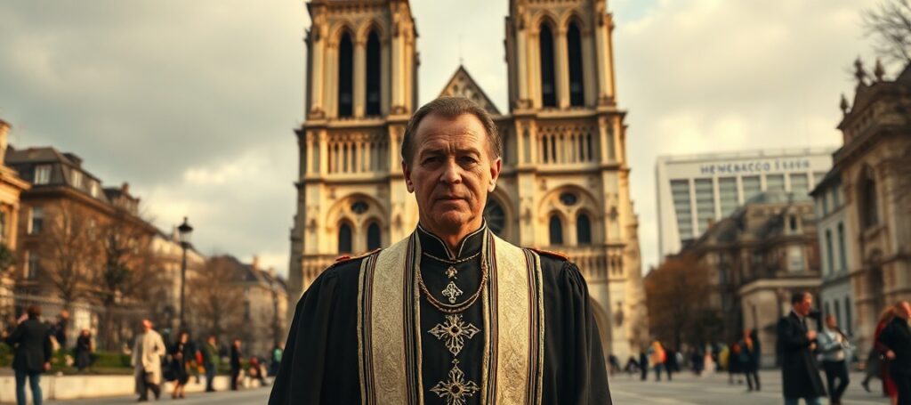 Uzurpator Leon XIV przed katedrą Notre-Dame w Paryżu - symbol laicyzmu i apostazji