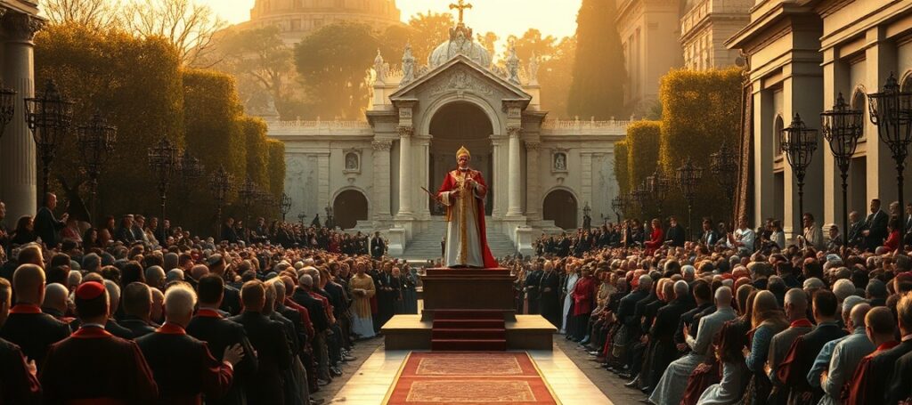 Uzurpator Leon XIV przemawia z ogrodów watykańskich przed grotą Matki Bożej z Lourdes w otoczeniu kardynałów i biskupów w tradycyjnych ornatach. Tłum wiernych modli się na kolanach.