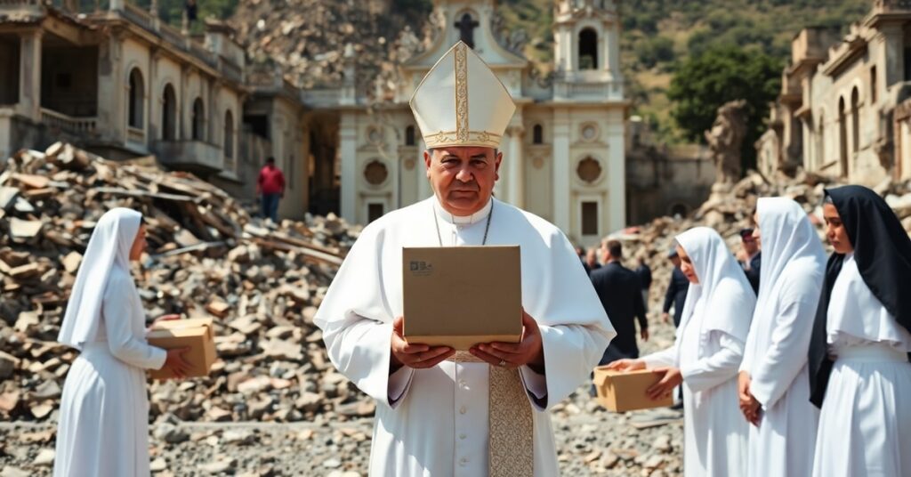 Biskup w białej sutannie rozdający pomoc humanitarną w zrujnowanej Wenezueli po trzęsieniu ziemi - symbol schizmatyckiego posoborowego antypapieża