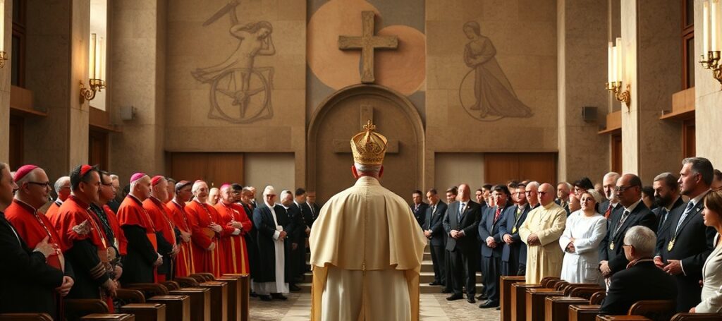 Aula Synodalis w Rzymie w 2026 roku podczas prezentacji fałszywej encykliki Leona XIV o sztucznej inteligencji