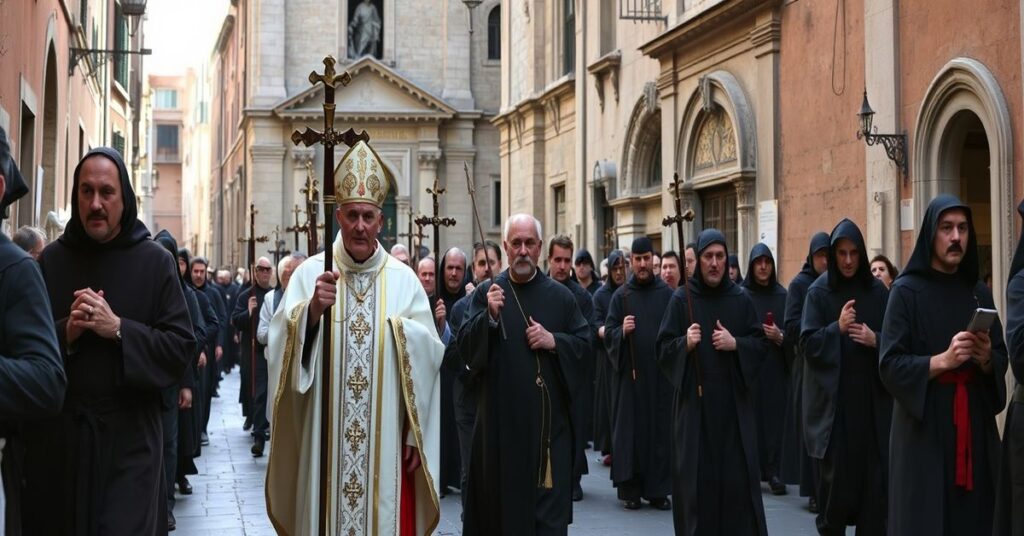 Fałszywy papież „Leon XIV” prowadzi procesję popielcową na Awentynie, symbolizując herezję i apostazję. Scena przedstawia uroczystość ze św. Ojcami z Sant'Anselmo i Santa Sabina.