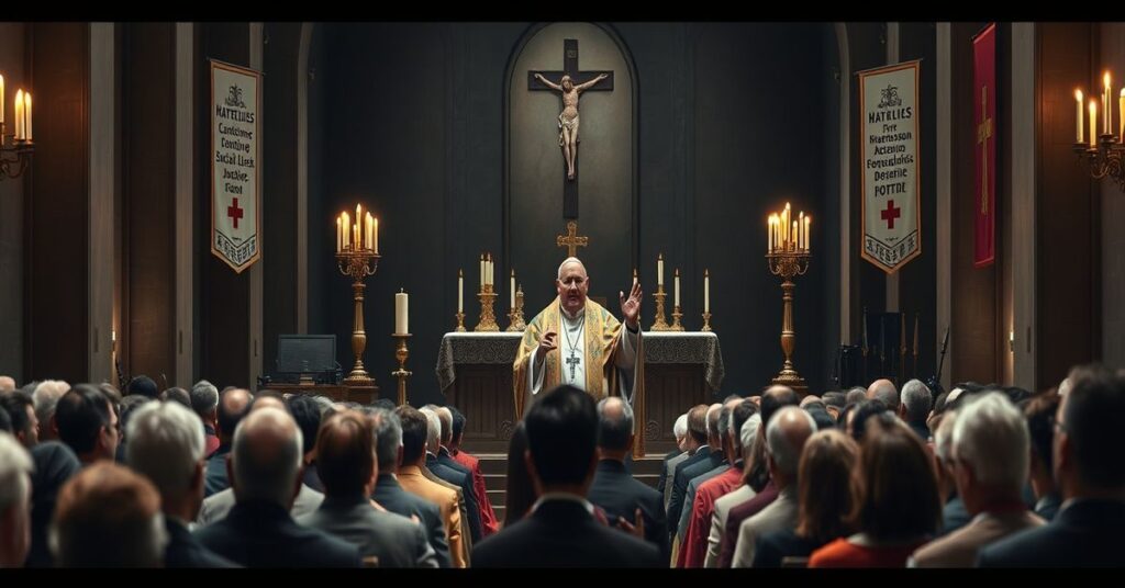 Obraz przedstawiający fałszywe nauczanie uzurpatora Leona XIV podczas Światowego Dnia Chorego. Scena jest realistyczna i poważna, pokazująca nowoczesny kościół z symbolami karmiłowymi zamiast sakramentów.