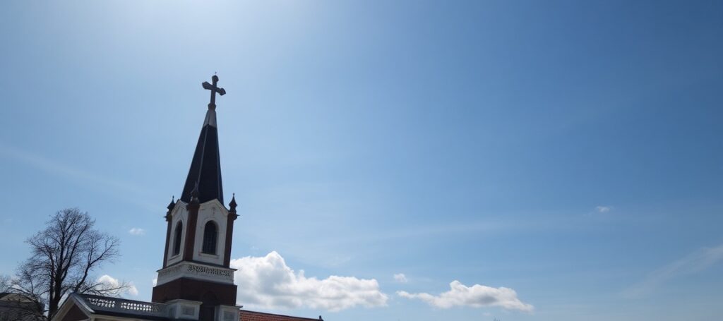 Uzurpator Leon XIV w stroju papieskim przed tłumem wiernych, z pustym tronem św. Piotra na tle