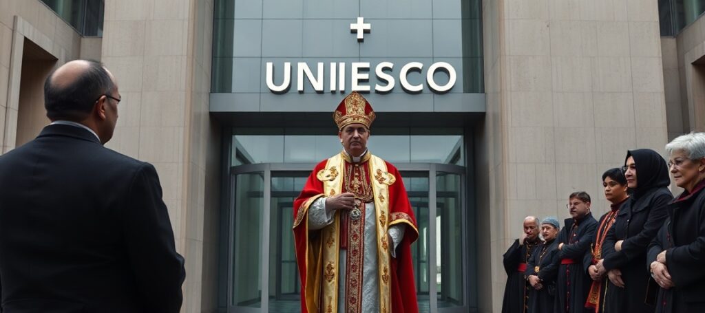 Obraz przedstawiający uzurpatora Leona XIV (Roberta Prevosta) w papieskich szatach na tle siedziby UNESCO w Paryżu, symbolizujący sprzeczność między fałszywą autorytetem a nauką katolicką.