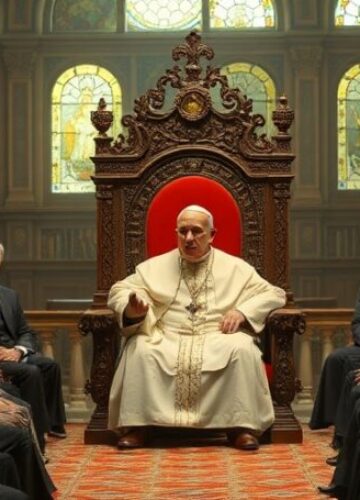 Uzurpator Leon XIV przemawia do członków Fundacji Obserwatorium Watykańskiego Zebranie członków Fundacji Obserwatorium Watykańskiego w tradycyjnym katolickim otoczeniu z uzurpatorem Leonem XIV na tronie papieskim