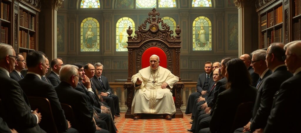 Zebranie członków Fundacji Obserwatorium Watykańskiego w tradycyjnym katolickim otoczeniu z uzurpatorem Leonem XIV na tronie papieskim